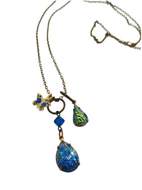 Butterfly charm Necklace vintage teardrop glass blue green sparkle art noveau